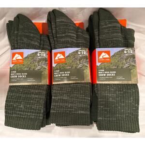 3 Pairs Ozark Trail Crew Socks Arch Support Wool Blend Green Men's Size 6-12 x 3